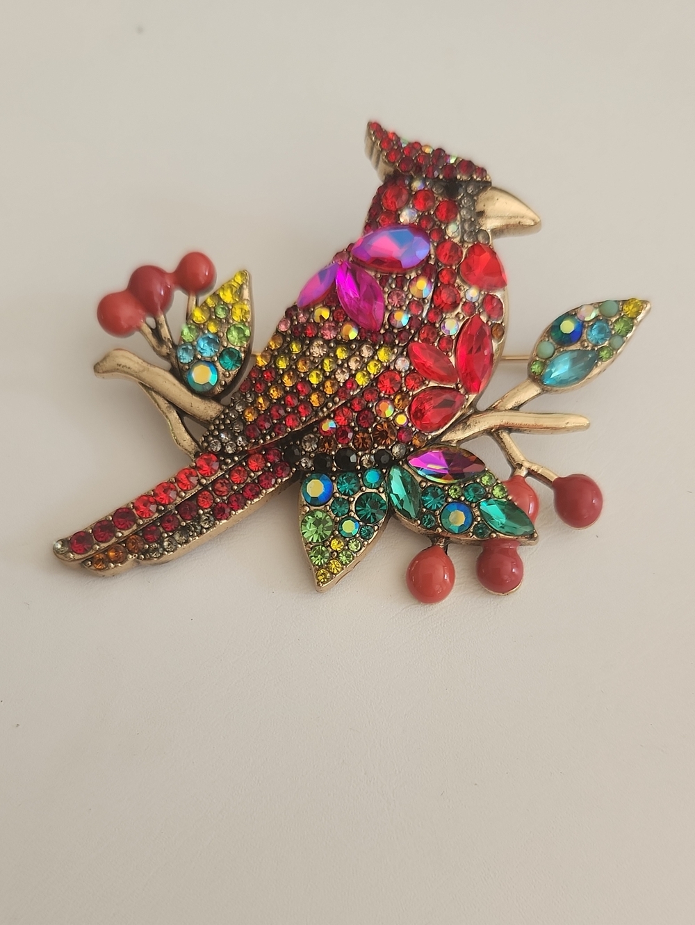 Multicolor Rhinestone Cardinal Bird Brooch - Vibrant Red Accent